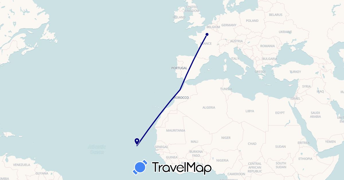 TravelMap itinerary: driving in Cape Verde, France, Morocco (Africa, Europe)
